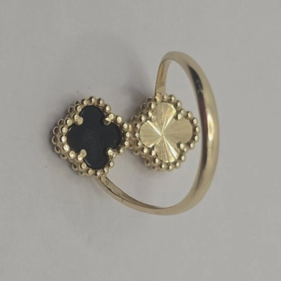 14k Solid Yellow Gold Clover/Flower Onyx Bypass Ring Size 8.5 - Picture 5 of 13